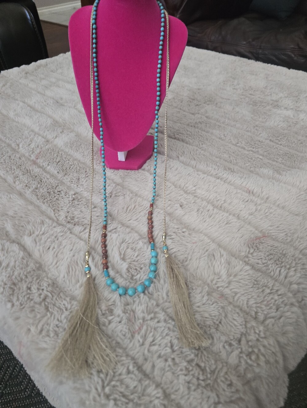 Turquoise Beaded Tassel Necklace with Neutral Fringe - Women Jewelry